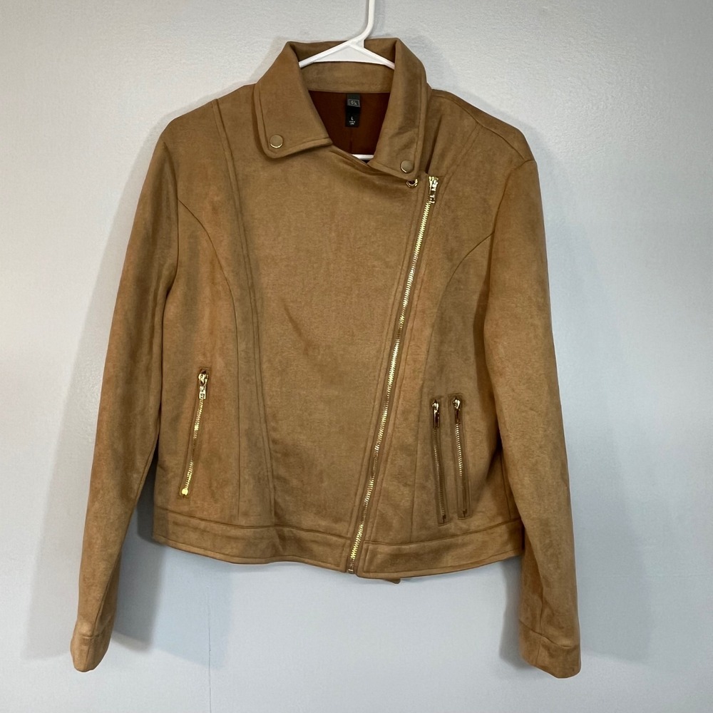Francescas Alya Faux Suede Moto Jacket Tan Camel Gold Zip Women Large NWT